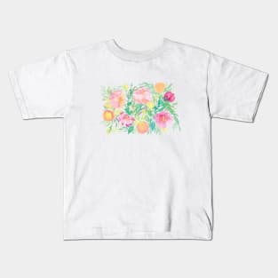 Watercolor Pink Florals with Peaches Kids T-Shirt